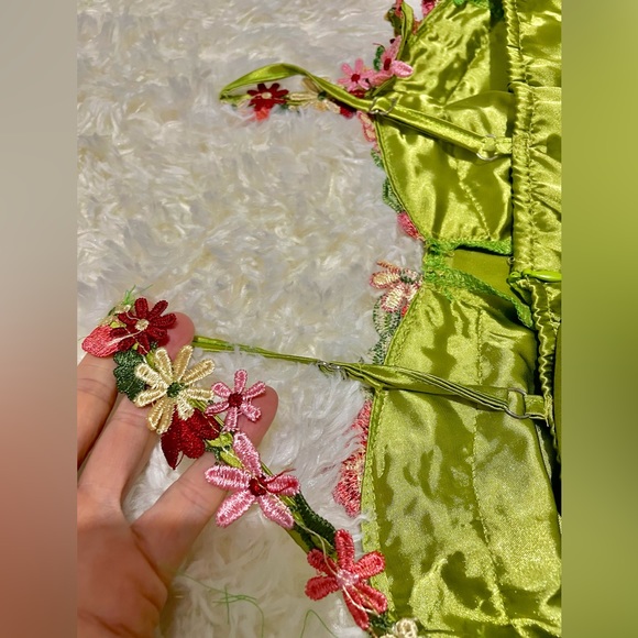 NWT lime satin flower chain strap chartreuse mini bustier embroidered slip dress - Picture 7 of 13